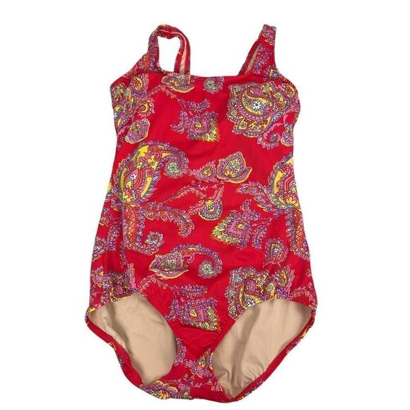 Lands End Tummy Support Tank Swimsuit Red & Pink Paisley size 10 - Picture 1 of 6